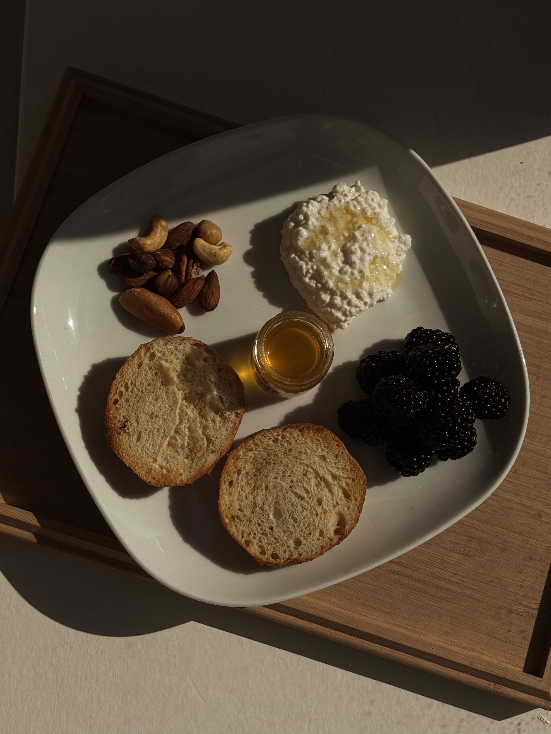 Toasted Sourdough with Cottage Cheese, Honey, Berries & Nuts